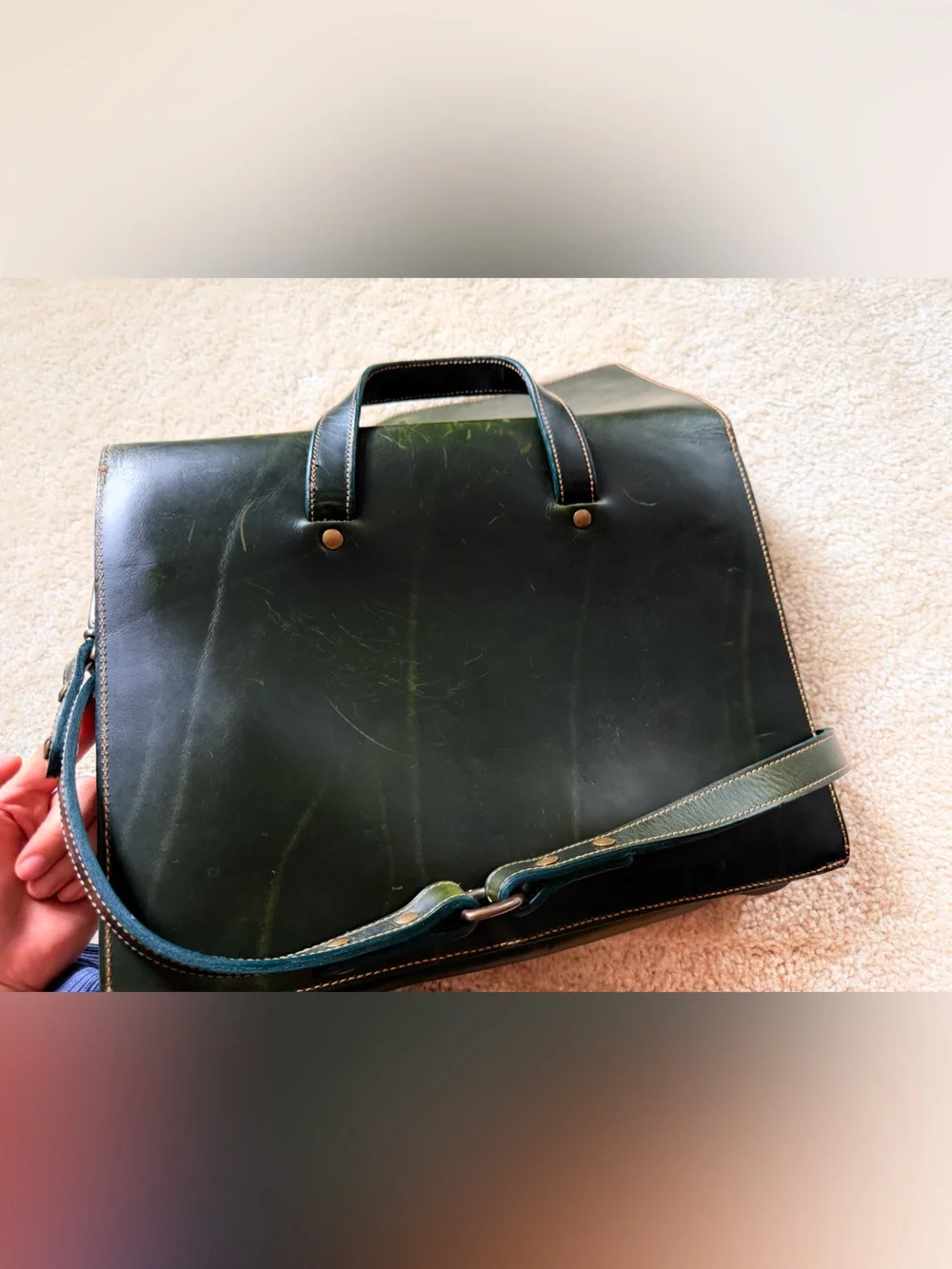 O.N.S. Men's Dark Green Leather Briefcase Bag - Classic Work Satchel